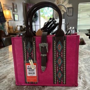 Pink and Brown Embroidered Women's Handbag
